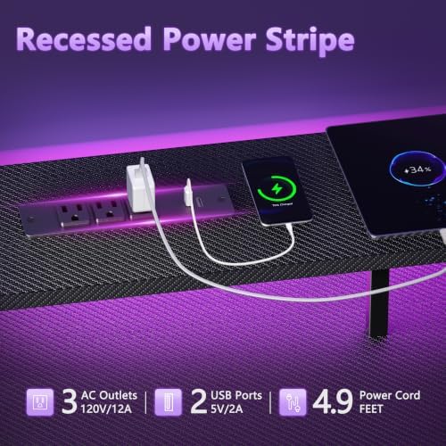 Korfile 47 Inch Computer Gaming Desk with Power Outlets & LED Lights Reversible Home Office Desk with Adjustable 5 Fabric Storage Drawers for Working Writing Study, Carbon Fiber Black - Image 6