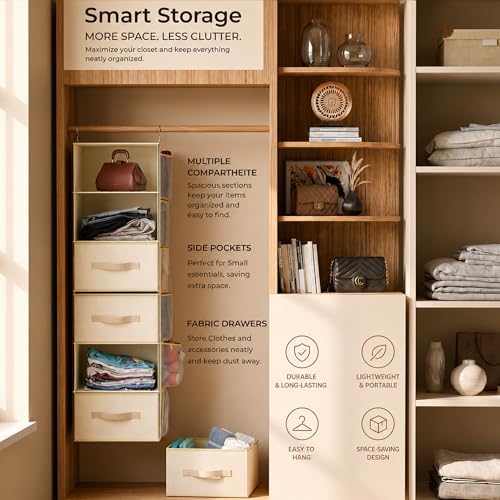 6-Shelf Hanging Closet Organizer With Drawers – Foldable 6 Tier Hanging Closet Shelves for Clothes, Shoes & Purse Hanging Storage Organizer with 3 Separable Drawers & 6 Large Mesh Pocket (Beige) - Image 4