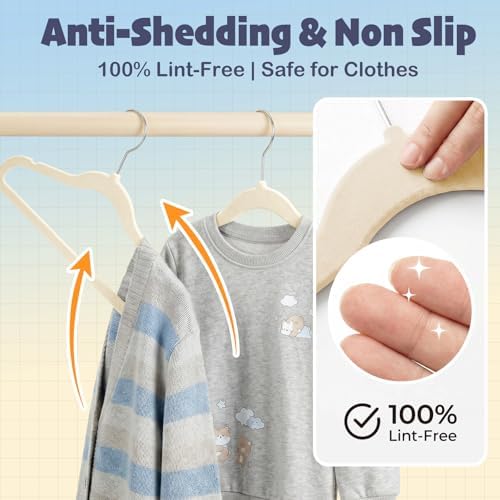 HOUSE DAY 14 Inch Kids Velvet Hangers 50 Pack, Durable Big Kid Hanger Beige - Image 4