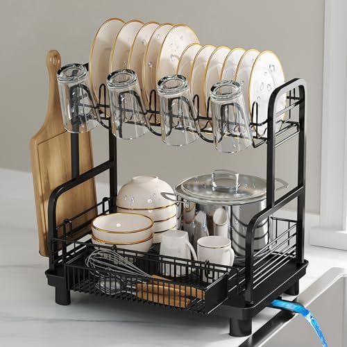 BOOSINY 2 Tier Black Dish Drying Rack and Drainboard with Utensil Holder by Boosiny