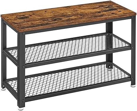 VASAGLE 3-Tier Shoe Rack, Storage Bench with Metal Mesh Shelves and Seat by VASAGLEbySONGMICSHOME