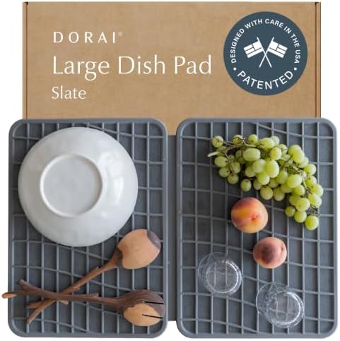 Dorai Home Dish Pad - Collapsable Stone Dish Drying Mat with Diatomaceous Earth for Quick Drying - Ultra Absorbent - Encased in Silicone - Eco-Friendly, Foldable - Large 24.6" x 16.5", Slate by DoraiHome