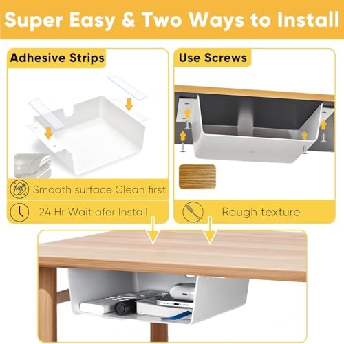 4 Pack Under Desk Hanging Shelf Drawer Organizer, Attachable Plastic Hidden Storage Tray, Easy Adhesive Mount Holder for Standing Tables, Office, Counters, Cabinets, Workstations - White - Image 5