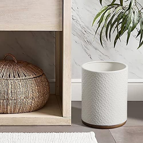Bathroom Wastebasket - Ceramic Decorative Trash Can with Wooden Base (White and Beige)… - Image 2
