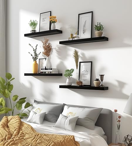 YYWUOJJ Wood Floating Shelves for Wall Decor, Rustic Wall Shelves for Bedroom Bathroom Kitchen Living Room, Set of 6 Black - Image 4