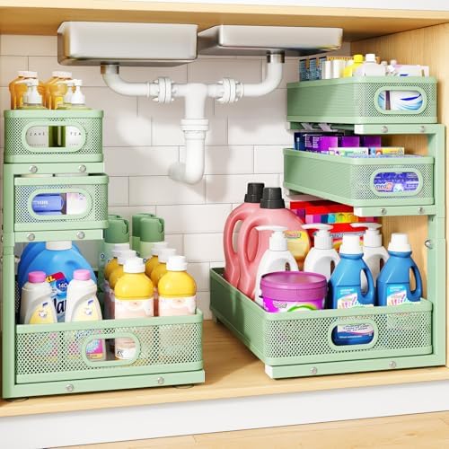 Under Sink Organizer, 3-Tier Thickened Metal Pull out Cabinet Organizer Shelf, Height Adjustable Slide out Storage Drawer Rack for Kitchen Bathroom Pantry Laundry Home Organization, 2-Pack, Green by HERJOY