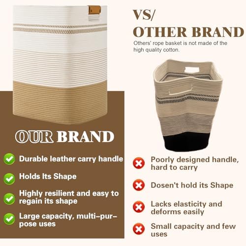 Laundry Hamper, 75L Tall Laundry Basket with Leather Handles, Rectangle Large Clothes Hamper for Organizing, Cotton Woven Laundry Baskets Storage Hampers for Bedroom, Nursery, Living Room - Image 5