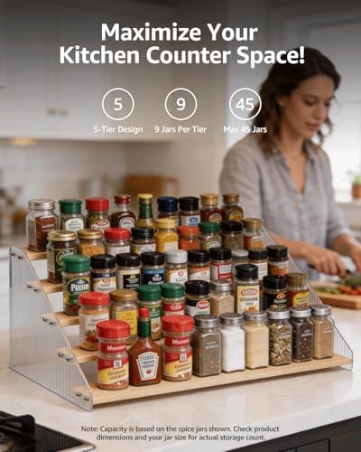 Tiered Spice Rack Organizer for Countertop & Cabinet, 5-Tier 19.9in Kitchen Seasoning Storage Shelf, Space Saving Standing Spice Organizer, Wooden & Acrylic, Solid Wood - Image 4