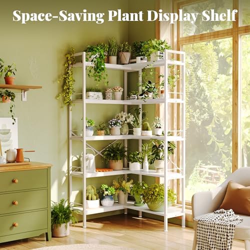 Huuger 5 Tier Bookshelf, L Shaped Corner Bookshelf with 10 Open Shelves, 49.4 Inch Straight Wide Bookcase with Metal Frame and Wooden Board, Adjustable Feet, White - Image 3
