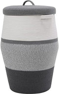 26"x20" Extra Large Tall Woven Laundry Basket with Lid, Cotton Rope Blanket Storage Basket, Freestanding Decorative Bin for Bedroom Living Room, Grey & Dark Grey by Cottonphant