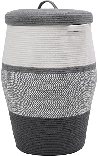 26"x20" Extra Large Tall Woven Laundry Basket with Lid, Cotton Rope Blanket Storage Basket, Freestanding Decorative Bin for Bedroom Living Room, Grey & Dark Grey by Cottonphant