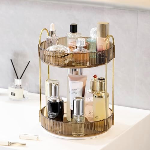 Aveniee 360 Rotating Makeup Organizer for Vanity, Perfume Sincare Organizers Bathroom Countertop Storage, Clear Cosmetics Lipstick Holder for Dresser,2 Tiers, Brown by Aveniee