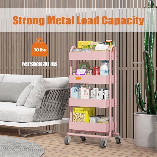 4 Tier Metal Rolling Cart Pink Utility Cart with Wheels,Rolling Pink Cart for Office,Home,Kitchen,Garden（13.4"x18.1"x40"） - Image 4