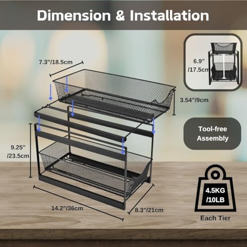 IBERG 2 Tier Bathroom Organizer Under Sink with Pull Out Drawer (Black) - Image 2