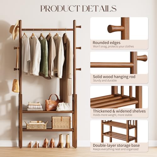 Solid Wood Clothing Rack with Shelves - Coat Rack Freestanding with 6 Hooks Load 450 Lbs, 3-in-1 Hall Tree for Hanging Clothes, Tall Garment Racks with Storage for Bedroom, Entryway, Living Room - Image 3