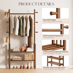 Solid Wood Clothing Rack with Shelves - Coat Rack Freestanding with 6 Hooks Load 450 Lbs, 3-in-1 Hall Tree for Hanging Clothes, Tall Garment Racks with Storage for Bedroom, Entryway, Living Room - Image 3