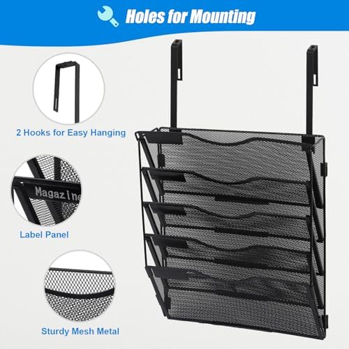 EASEPRES 5 Pocket Mesh Hanging Wall File Organizer with Hangers & Nametag Label, Wall Mounted Mail Paper Document Folder Holder, Clipboard Storage Organization Magazine Rack for Office Cubicle, Black - Image 3