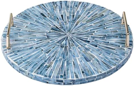 PEMAR Mother of Pearl Decorative Tray, 13" Round Versatile Display and Serving Tray with Gold Handles, Vanity/Perfume/Trinket Catchall for Dresser, Bathroom, Vanity Table (Blue Starburst) by PEMAR