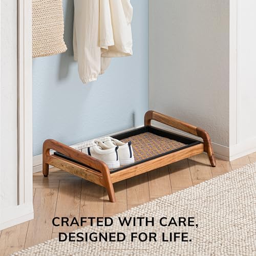 Anji Mountain Heavy Duty Waterproof Wooden Shoe Storage Mat Organizer/Boot Storage Tray Multi Use for Entryway with Coir, Tan and Blue Insert, 1 Tier, Fits 2 Pair (26.5" Wide) - Image 6