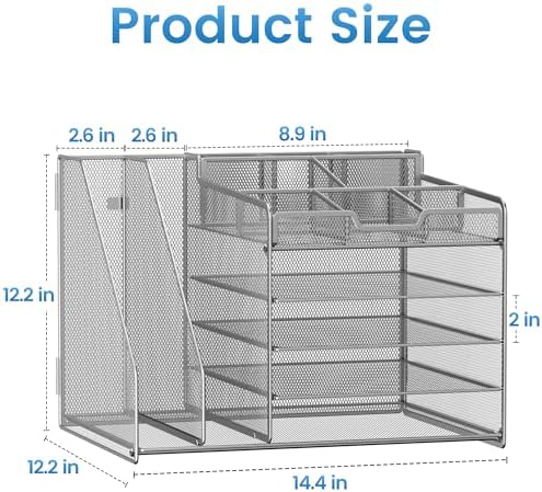 Lavatino 5-Tier Metal Mesh Desk Organizer with 2 File Holders & 7 Customizable Compartments | Paper Letter Tray for Office or Home Desk Storage | Keep Workspace Supplies Neat & Organized, Silver - Image 7