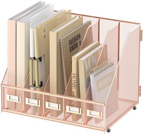 SUPEASY Desk Organizers Metal Desk Magazine File Holder with 5 Vertical Compartments Rack File Organizer for Office Desktop, Home Workspace, Rose Gold by SUPEASY