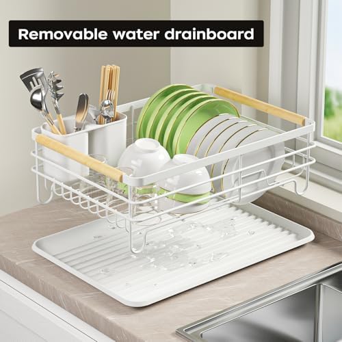 Dish Racks for Kitchen Counter: Wooden Handles, Thickened Metal, No Assembly. Small Dish Drying Rack: Ideal for Small Households. Drying Rack Kitchen: White - Image 4