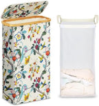 efluky Slim Laundry Basket with Lid, Narrow Laundry Hamper with Removable Bag, Skinny Dirty Clothes Basket with Bamboo Handles for Bathroom, Bedroom & Laundry Room, 75L Floral by efluky