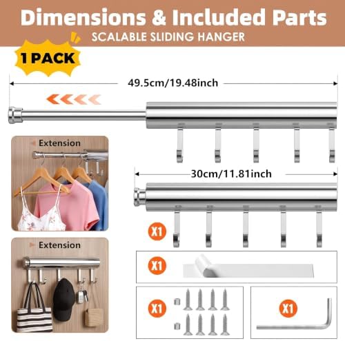 Valet Rod for Closet Pull Out 12 Inch with 5 Hooks - Chrome 1 Pack - Image 4