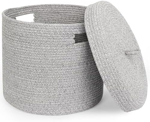 Storage Basket with Lid, Woven Blanket Storage for Living Room, Soft Cotton Rope Bin with Lid, Round Wicker Laundry Basket with Cover, Lidded Kid Dog Toy Box, Nursery Organizer, 15"x13", Gray by Unknown