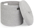 Storage Basket with Lid, Woven Blanket Storage for Living Room, Soft Cotton Rope Bin with Lid, Round Wicker Laundry Basket with Cover, Lidded Kid Dog Toy Box, Nursery Organizer, 15"x13", Gray by Unknown