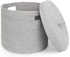 Storage Basket with Lid, Woven Blanket Storage for Living Room, Soft Cotton Rope Bin with Lid, Round Wicker Laundry Basket with Cover, Lidded Kid Dog Toy Box, Nursery Organizer, 15"x13", Gray by Unknown