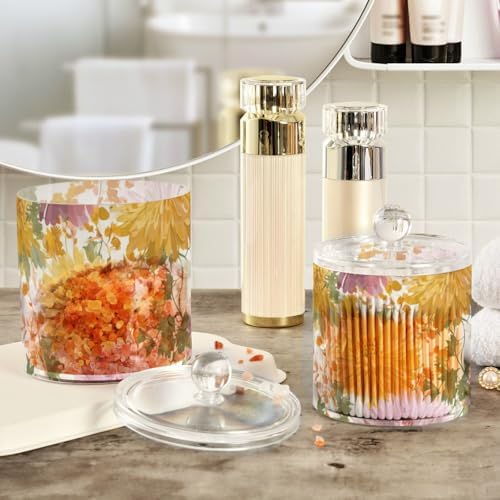 Pretty Chrysanthemum Flower Qtip Holder Waterproof Dustproof Apothecary Jars with Lids For Bathroom Cotton Swabs Makeup Sponges Floss Picks Bath Salts 2 Pack - Image 4