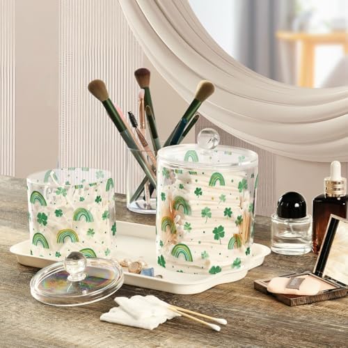 Green Shamrocks and Rainbows Qtip Holder Waterproof Dustproof Apothecary Jars with Lids For Bathroom Cotton Swabs Makeup Sponges Floss Picks Bath Salts 2 Pack - Image 5