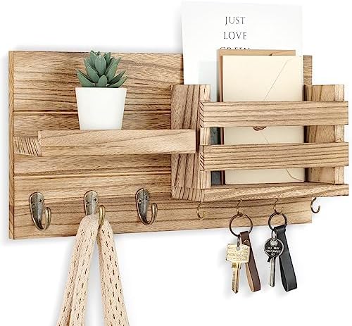 Lwenki Mail Organizer for Wall Mount – Key Holder with Shelf Includes Letter Holder and Hooks for Coats, Dog Leashes – Rustic Wood with Flush Mounting Hardware (16.5” x 8.7” x 3.5”) (Wood) by Lwenki