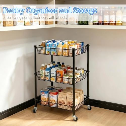 Pantry Organizer and Storage Shelves Kitchen Cart for Fruit Vegetables, 3 Tier Utility Cart with Wheels, Onion Potato Storage Basket Thicken Metal Trolley for Laundry Bathroom, Black - Image 4