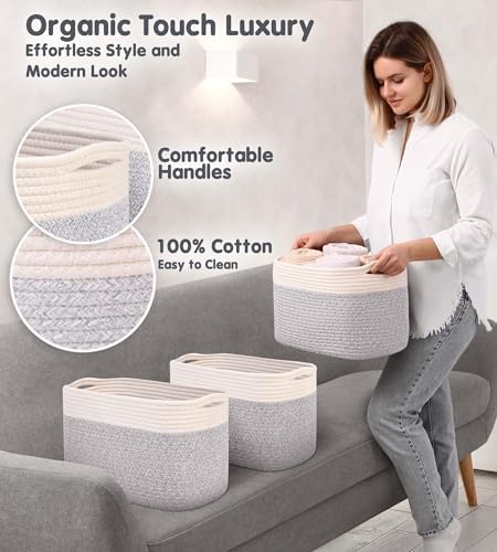 CHAT BLANC Cotton Rope Baskets for Organizing | Storage Baskets for Shelves | Rope Basket for Storage, Small Laundry Baskets, Woven Baskets for Storage, Dog Toy Bin, Baby Basket,Off White &Gray 3 Pack - Image 3