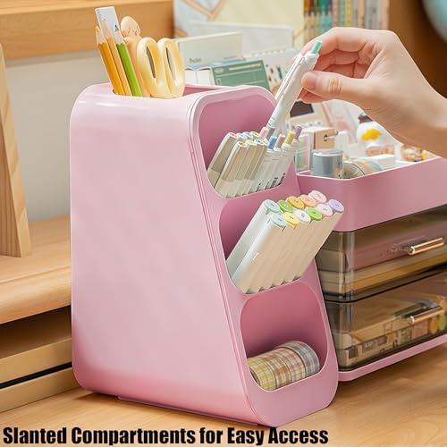 Desk Organizer with Pen Pencil Holder, Pen Organizer with 2 Drawers & 4 Compartments, Desktop Organizers and Storage for Office Home School Art Supplies (Pink) - Image 4