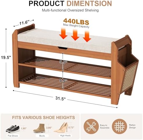 PETKABOO 31.5" Bamboo Shoe Rack Bench with Storage, 3-Tier Entryway Bench with Thick Cushion, Flip-Top & Side Baskets, Holds Up to 550 LBS for Hallway, Living Room, Bedroom - Image 2