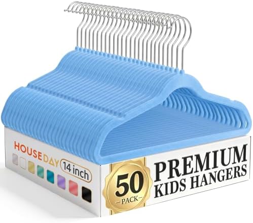 HOUSE DAY 14 Inch Kids Velvet Hangers 50 Pack, Durable Big Kid Hanger Blue by HOUSEDAY