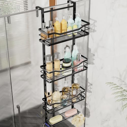 SWTYMIKI Over the Door Shower Caddy - 4 Tier Adjustable Shower Organizer Hanging with Soap Holder, No Drilling Stainless Steel Bathroom Rack Hanging for Body Wash, Shampoo, Soap, Razor, Black by SwtyMiki-TidyHomeSweetLife