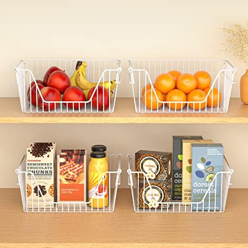 Stackable Wire Metal Baskets Large Capacity Kitchen Freezer Bins for Pantry Cabinet Fruit Vegetable Snacks Organization, White, Set of 4 - Image 6