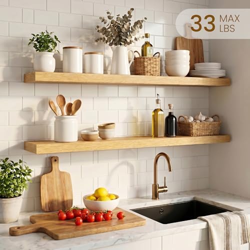 Dreamland 32inch Floating Shelves for Wall, Rustic Oak Floating Shelves for Bathroom|Bedroom|Kitchen, Deep Wall Mounted Book Shelf, Wood Storage Display Shelf for Home Decor, Set of 2 - Image 4