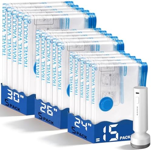 15 Pack Vacuum Storage Bags for Travel with Rechargeable Cordless Pump, Space Saver Bags for Clothes, Compression Packing Bags for Luggage and Suitcase,Blue by lezecur