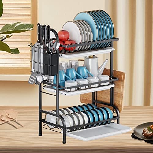 Goldmeet 3 Tier Dish Drying Rack, Large Stainless Steel Over The Sink Dish with Drain Tray, Kitchen Dishes Drying Racks, Dish Racks for Kitchen Counter Storage (Black) - Image 6