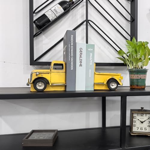 Decorative Book Ends Vintage Bookends: Metal Truck Book Stopper for Kid Books for Grandson Men Teen - Farmhouse Decor for Bookcase Shelf Table Coffee Bar Office Home Yellow - Image 6