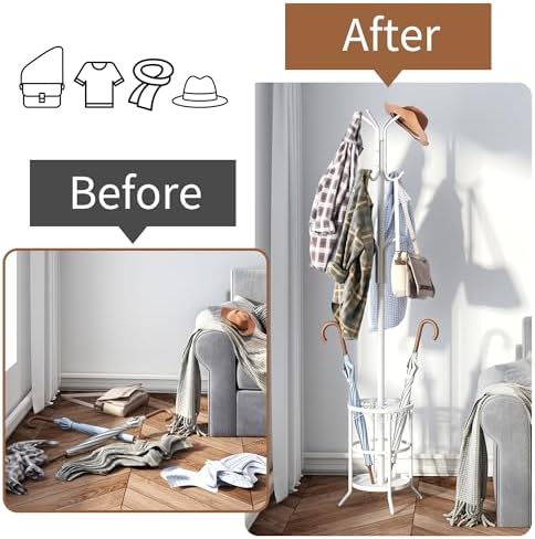 Coat Rack Freestanding with Umbrella Stand with 12 Hooks Metal Coat Tree Coat and Hat Hanger Jacket Entryway Coat Rack (White) - Image 4