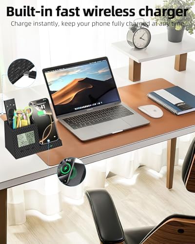 Desk Organizer with Wireless Charger, Digital Clock, Thermometer & Hygrometer - Multi-Functional Pencil Holder, Office Desk Accessories Storage Caddy for Home, Office, Men, Women (Battery Included) - Image 2
