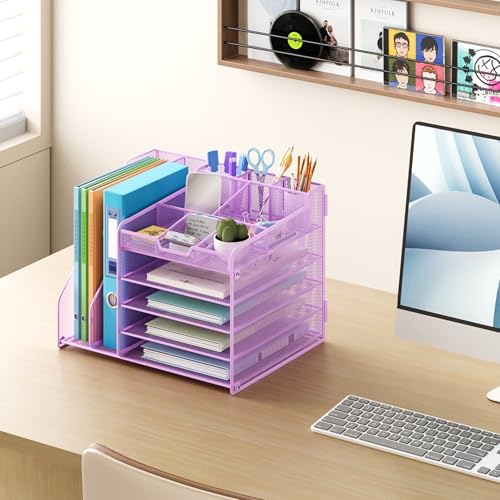 Lavatino 5-Tier Desk Organizer with 2 File Holders, Metal Adjustable Paper Letter Tray for Office or Home Desk Organizers and Accessories | 7 Flexible Dividers Keep Workspace Supplies Neat, Purple - Image 4