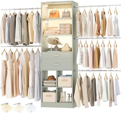 Besiost Closet System, 4-8 FT Closet Organizer System with Smart Sensor Lights, 2 Wooden Drawers and 5 Hanging Rods, Crab Green by Besiost