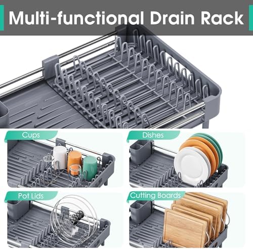 TOOLF Expandable Dish Drying Rack for Kitchen Counter, Standard, Grey - Image 4